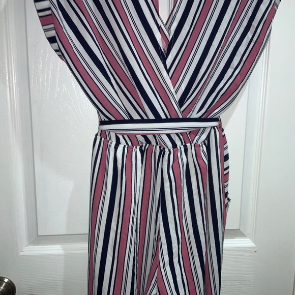 Sophia + Zeke faux wrap pink black striped jumpsuit Sz XL cap sleeve waist tie - Picture 8 of 10